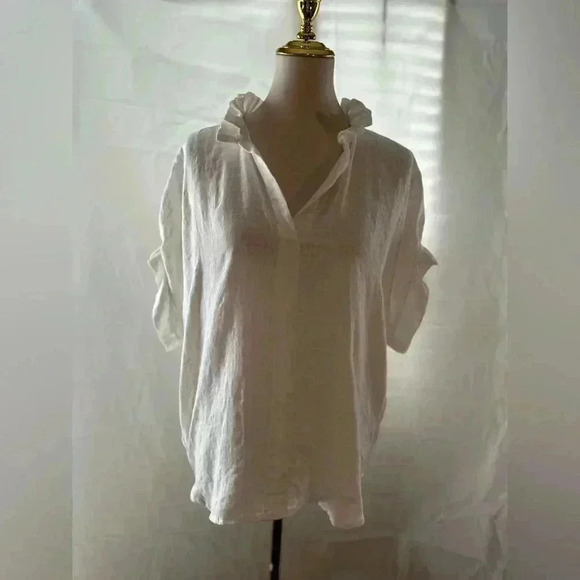 JAG 100% Linen Ruffled Collar White Blouse - Picture 3 of 7